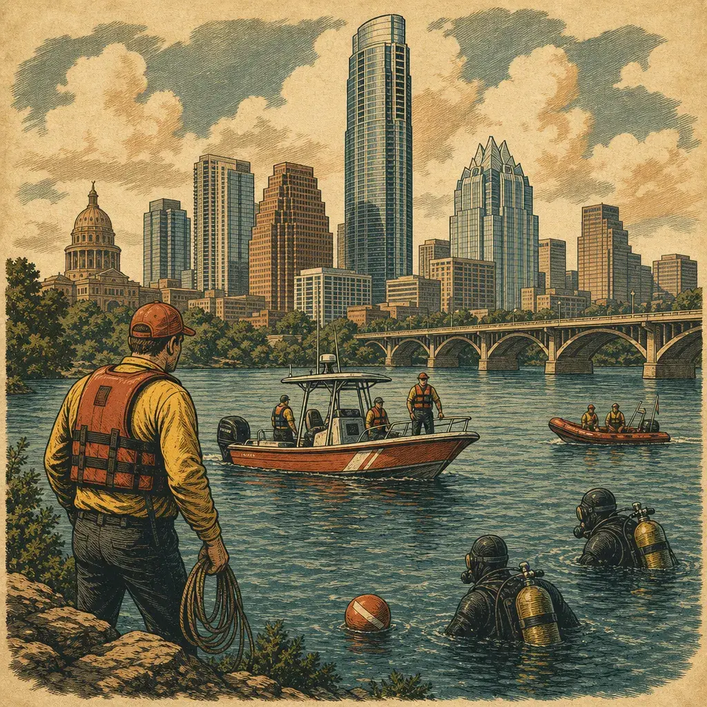 Editorial illustration: RECOVERY EFFORTS UNDERWAY AFTER SWIMMER FAILS TO RESURFACE AT LAKE TRAVIS