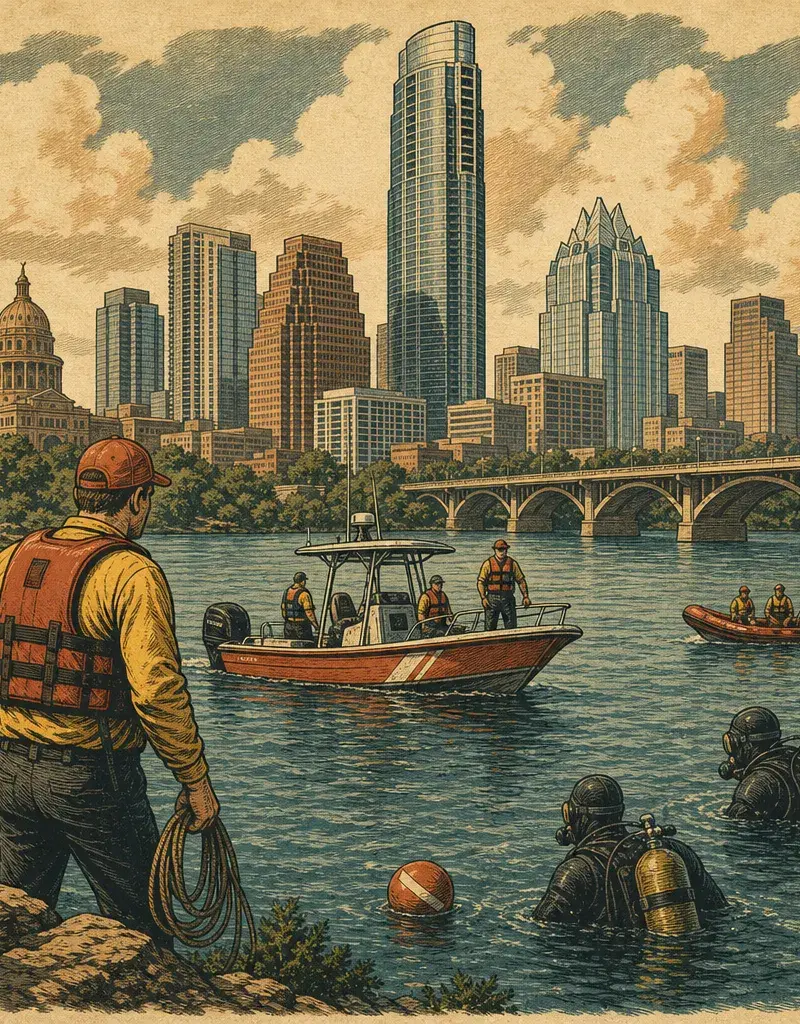 Editorial illustration: RECOVERY EFFORTS UNDERWAY AFTER SWIMMER FAILS TO RESURFACE AT LAKE TRAVIS