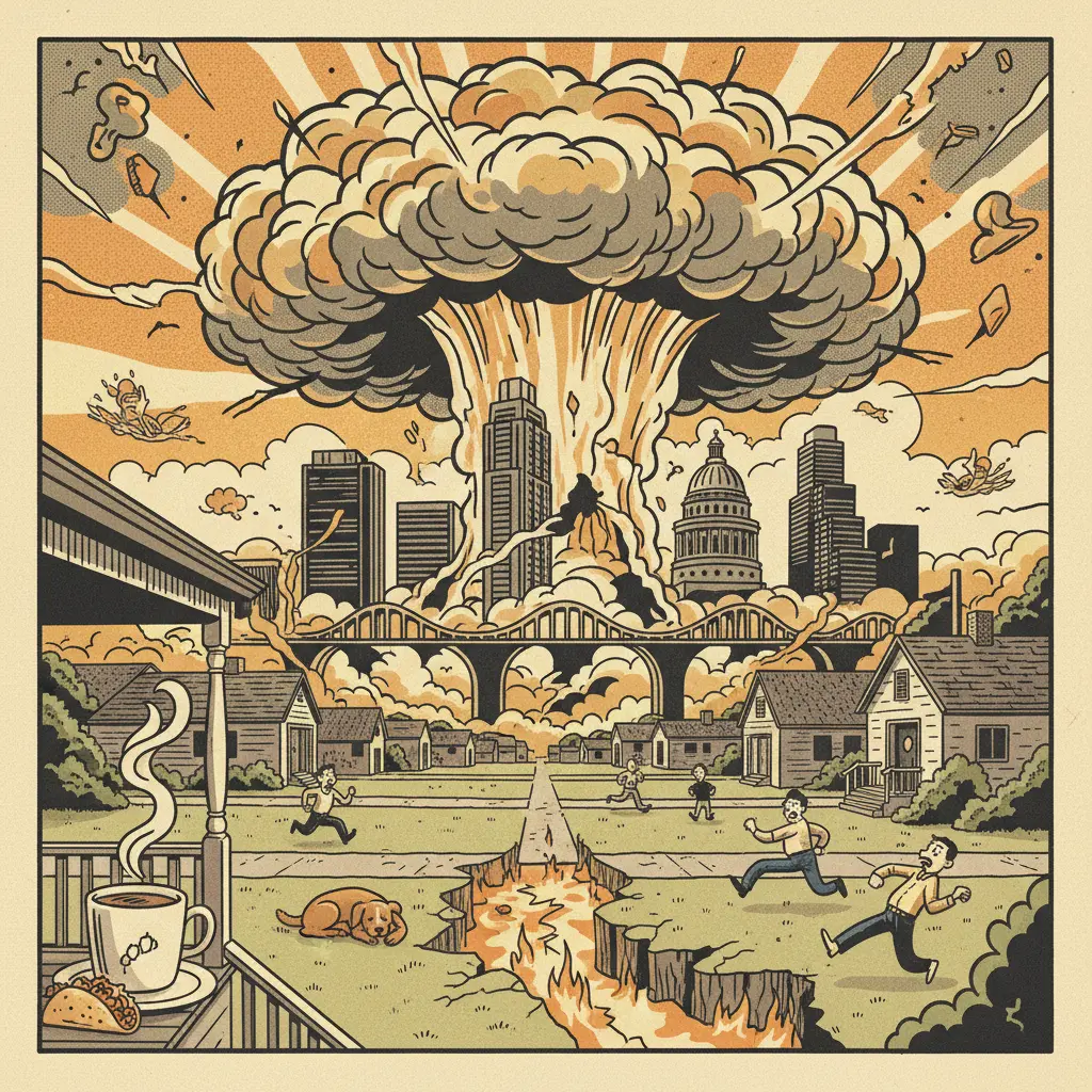 Editorial illustration: LAGO VISTA: A QUIET TUESDAY MORNING INTERRUPTED BY THE APOCALYPSE (PROBABLY)