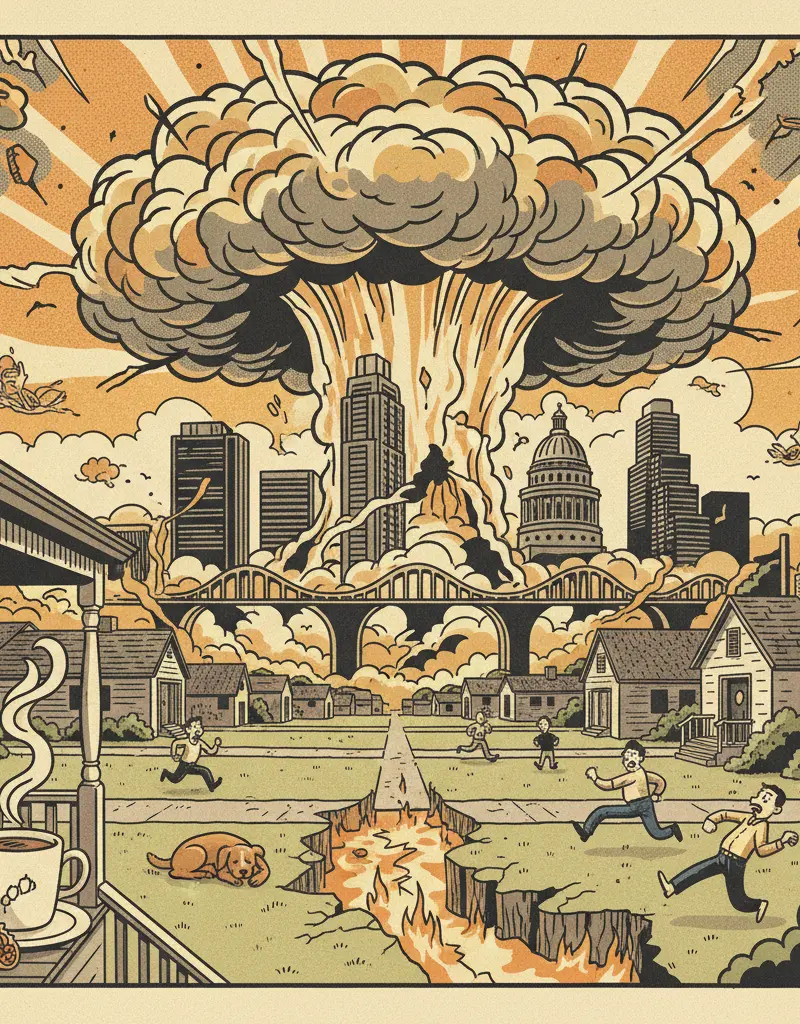 Editorial illustration: LAGO VISTA: A QUIET TUESDAY MORNING INTERRUPTED BY THE APOCALYPSE (PROBABLY)