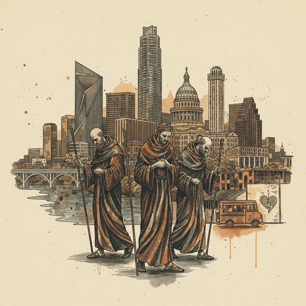Editorial illustration: MONKS WALK 2,300 MILES FOR PEACE ONLY TO RETURN TO *TEXAS*