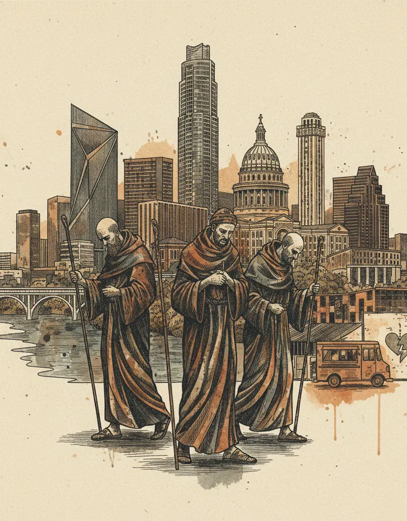 Editorial illustration: MONKS WALK 2,300 MILES FOR PEACE ONLY TO RETURN TO *TEXAS*