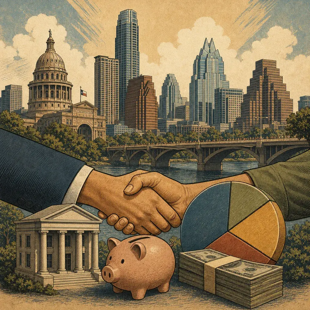 Editorial illustration: TRUST THE CITY (AND YOUR NEXT BILL): AUSTIN PROPOSES $6.6 BILLION BUDGET FOR FY 2026-27