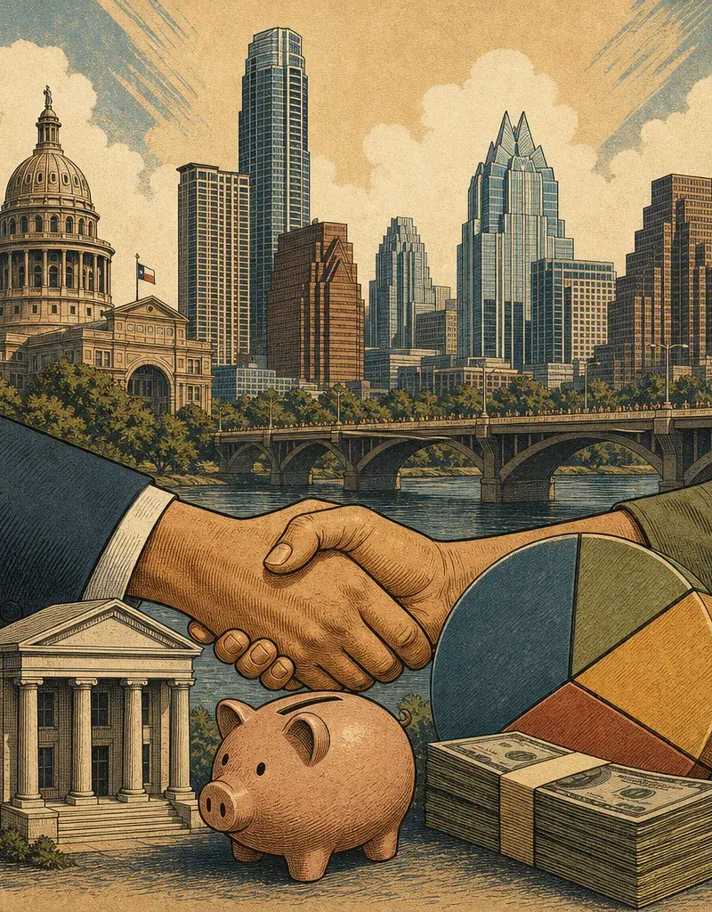 Editorial illustration: TRUST THE CITY (AND YOUR NEXT BILL): AUSTIN PROPOSES $6.6 BILLION BUDGET FOR FY 2026-27
