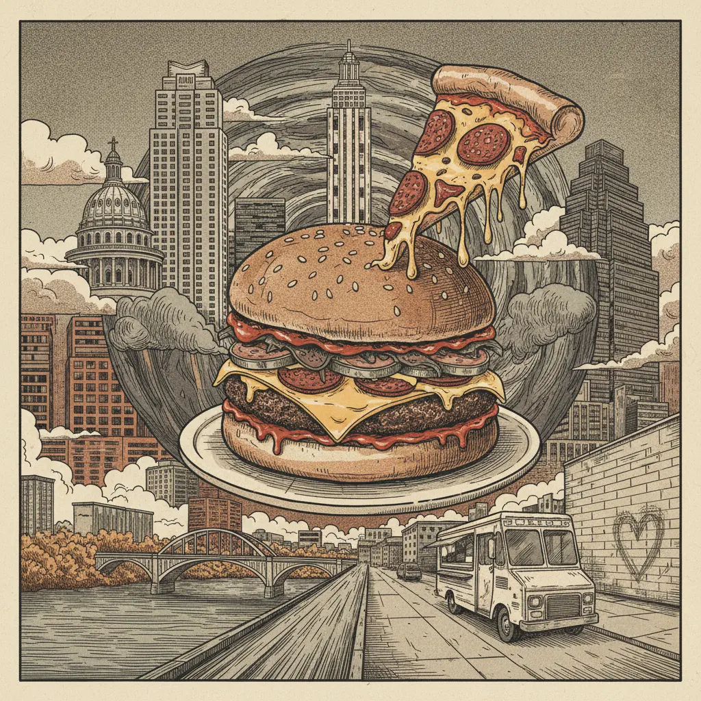 Editorial illustration: HAT CREEK BURGER COMPANY RELEASES PIZZA BURGER TO FILL THE VOID