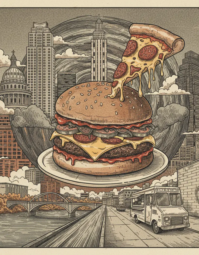 Editorial illustration: HAT CREEK BURGER COMPANY RELEASES PIZZA BURGER TO FILL THE VOID