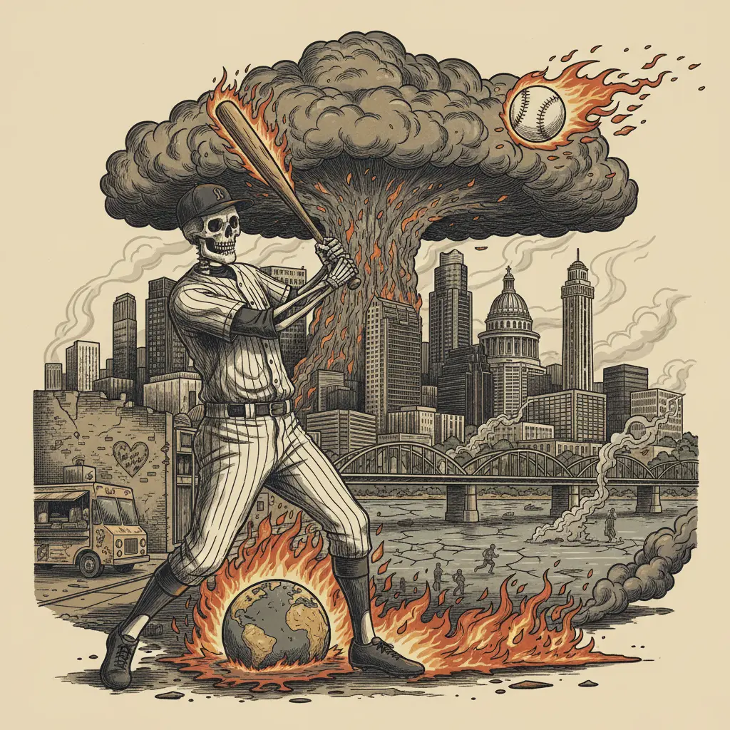 Editorial illustration: DEATH AND BASEBALL: VOTE FOR ATHLETE OF THE WEEK WHILE THE PLANET BURNS