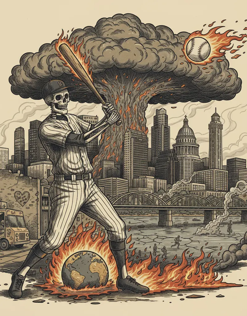 Editorial illustration: DEATH AND BASEBALL: VOTE FOR ATHLETE OF THE WEEK WHILE THE PLANET BURNS