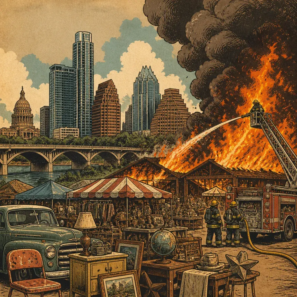 Editorial illustration: THE FLEA GOT LIT: TWO-ALARM FIRE AT AUSTIN COUNTRY FLEA MARKET IN EAST AUSTIN