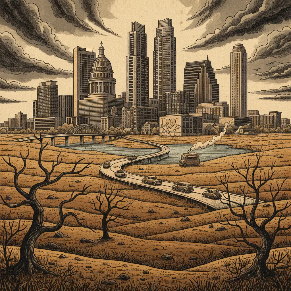 Editorial illustration: KYLE, TEXAS: WHERE THE GRASS IS ALWAYS BROWNER ON I-35