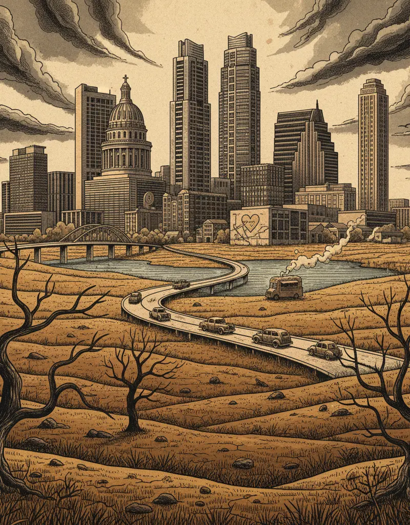 Editorial illustration: KYLE, TEXAS: WHERE THE GRASS IS ALWAYS BROWNER ON I-35