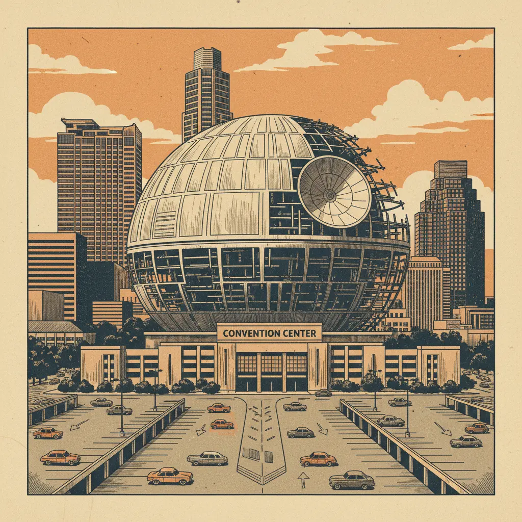Editorial illustration: GRAB FREE PARKING DOWNTOWN WHILE THE CONVENTION CENTER BECOMES THE DEATH STAR