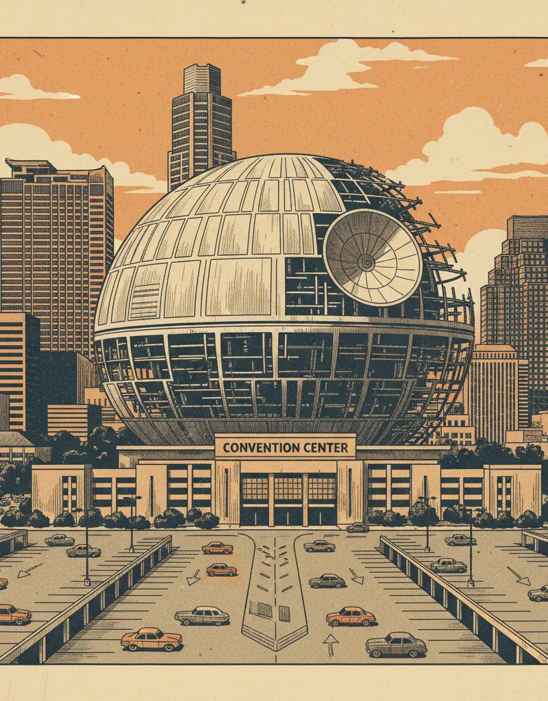 Editorial illustration: GRAB FREE PARKING DOWNTOWN WHILE THE CONVENTION CENTER BECOMES THE DEATH STAR