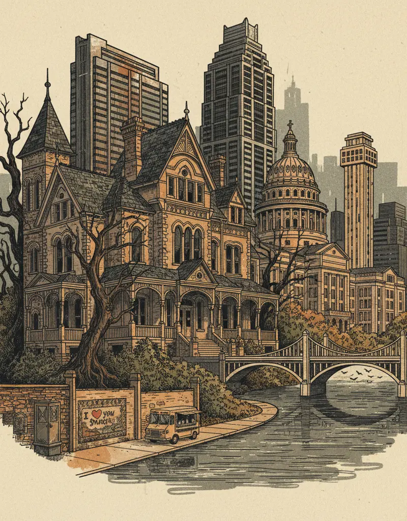 Editorial illustration: FRISCO MANSION BECOMES LATEST SETTING FOR REAL ESTATE GOTHIC