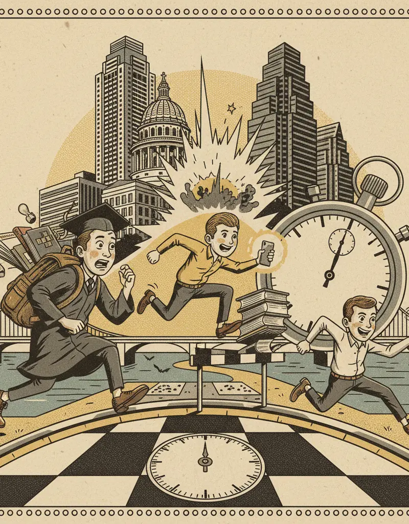 Editorial illustration: FELONY SPEEDRUN: HIGH SCHOOL EDITION