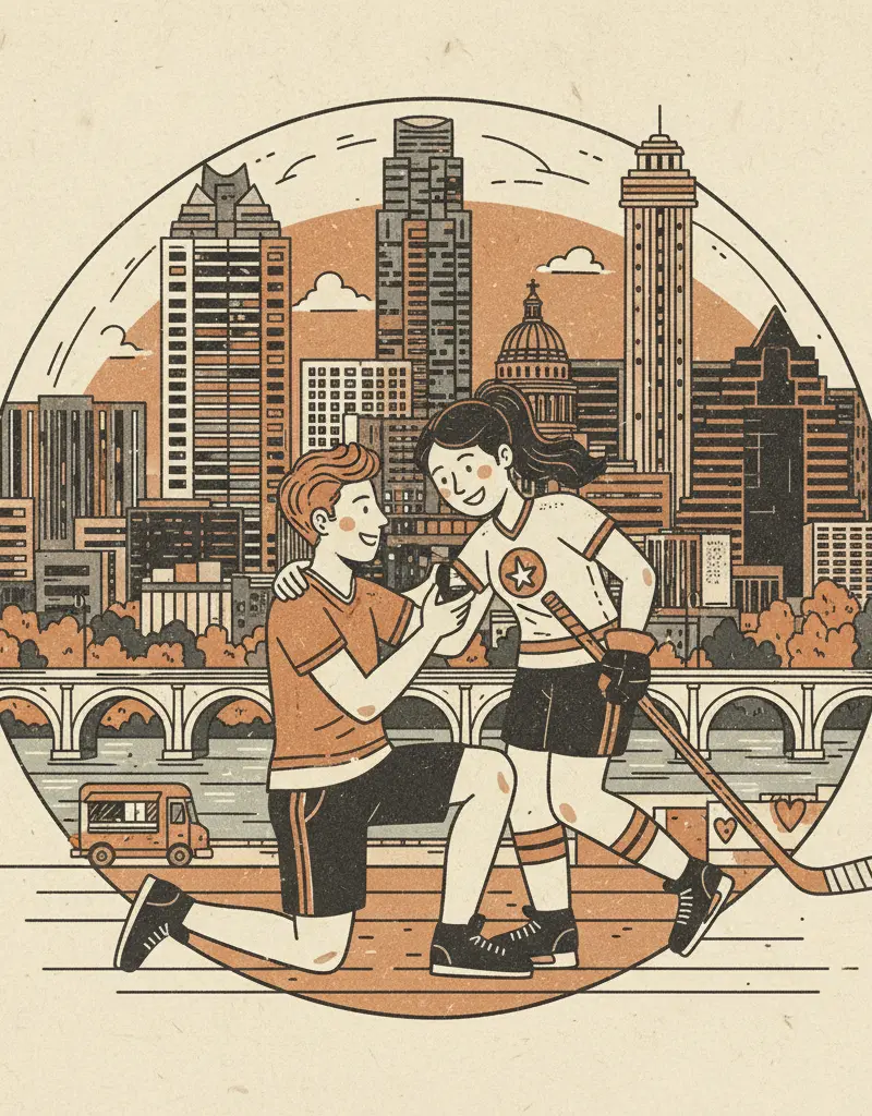Editorial illustration: HILARY KNIGHT PROPOSES TO BRITTANY BOWE: LOVE IS REAL, THE OLYMPICS ARE NOT