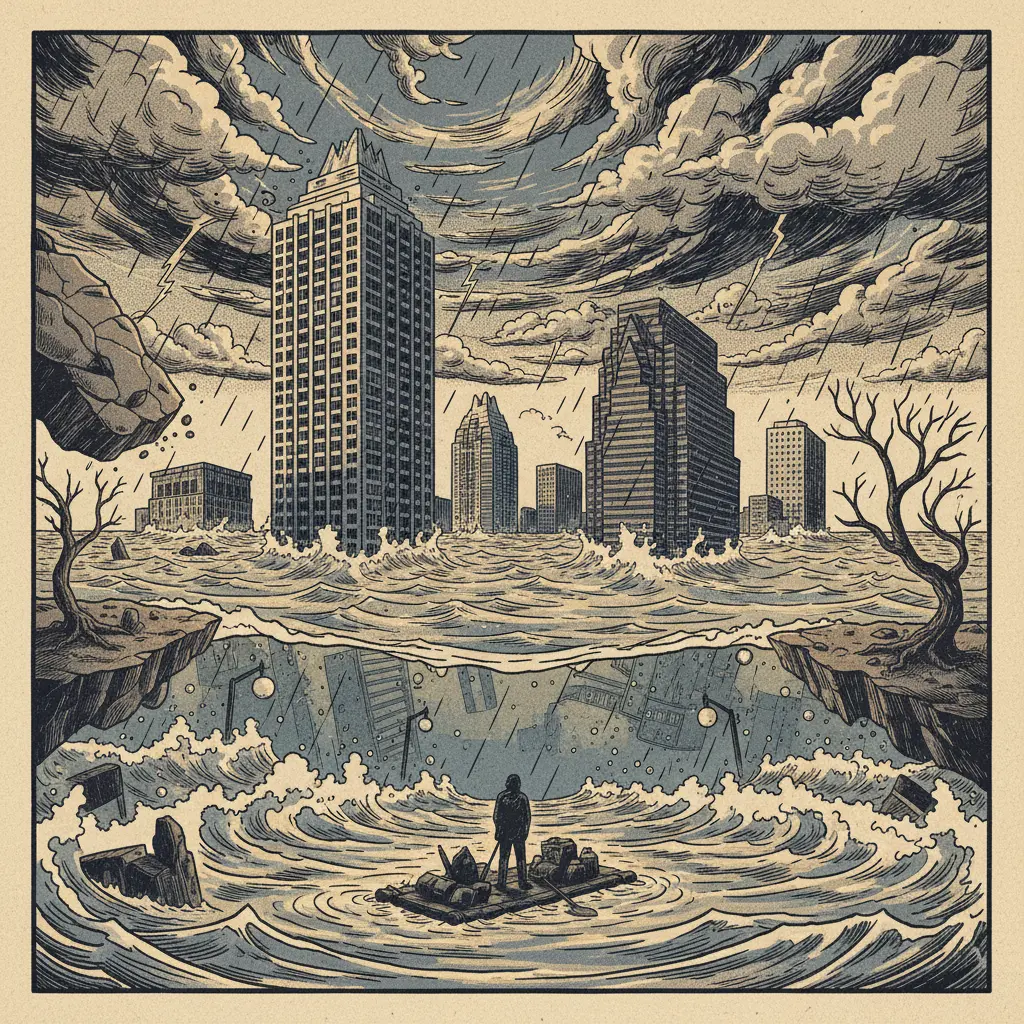 Editorial illustration: CALIFORNIA TO BECOME WATER WORLD: AN APOCALYPTIC PREVIEW