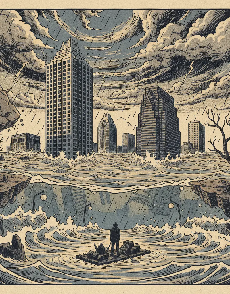 Editorial illustration: CALIFORNIA TO BECOME WATER WORLD: AN APOCALYPTIC PREVIEW