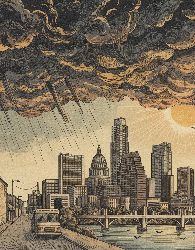 Editorial illustration: SUNDAY: THE WEATHER APOLOGIZES FOR SATURDAY