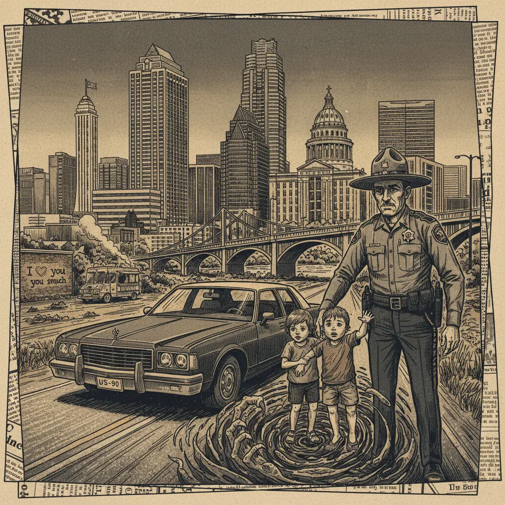 Editorial illustration: TEXAS DPS TROOPER INTERCEPTS A NIGHTMARE ON US-90: TWO KIDS SAVED FROM THE ABYSS