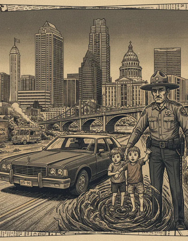 Editorial illustration: TEXAS DPS TROOPER INTERCEPTS A NIGHTMARE ON US-90: TWO KIDS SAVED FROM THE ABYSS