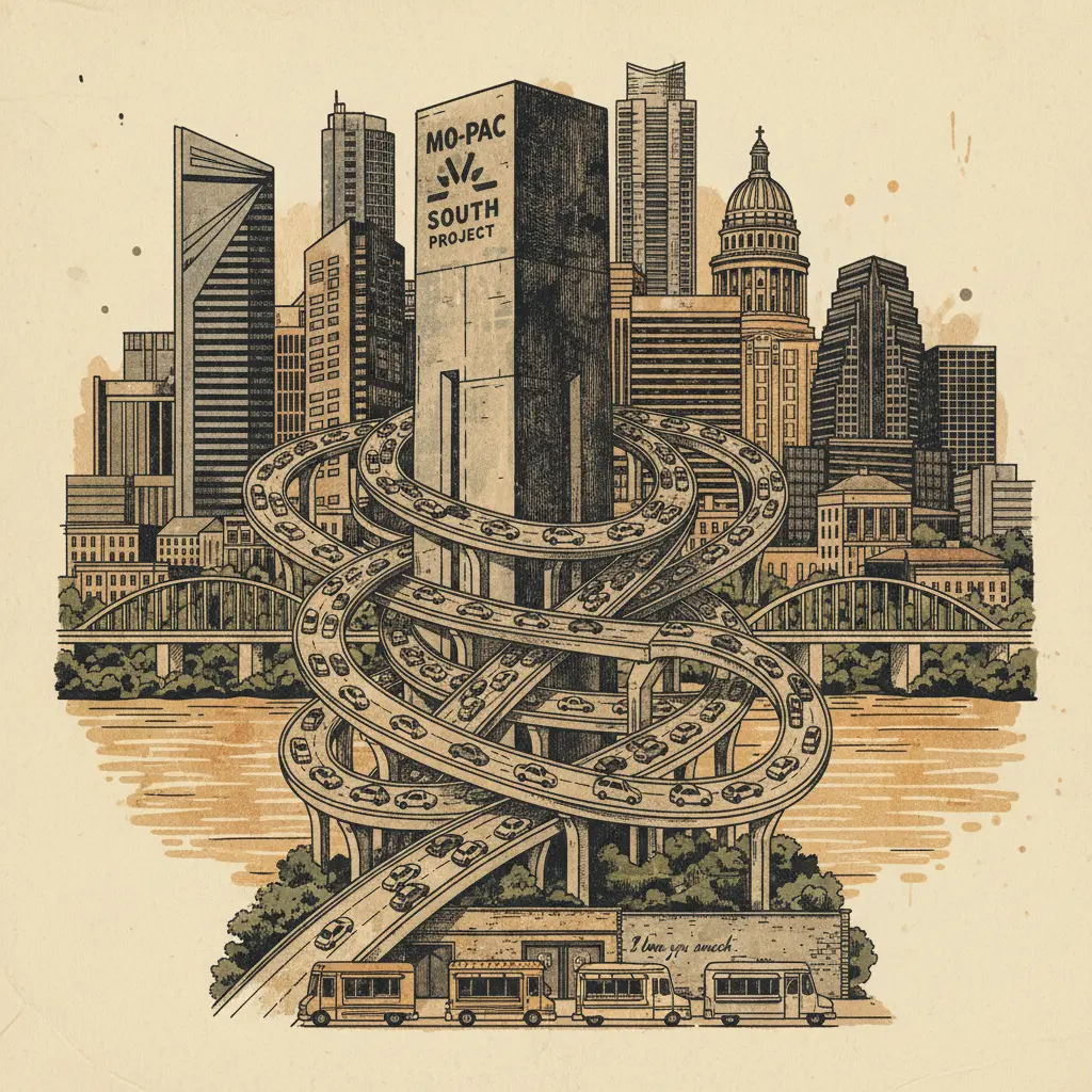Editorial illustration: MO-PAC SOUTH PROJECT: A MONUMENT TO OUR INABILITY TO ESCAPE TRAFFIC