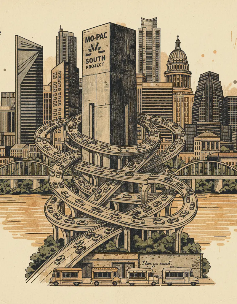 Editorial illustration: MO-PAC SOUTH PROJECT: A MONUMENT TO OUR INABILITY TO ESCAPE TRAFFIC