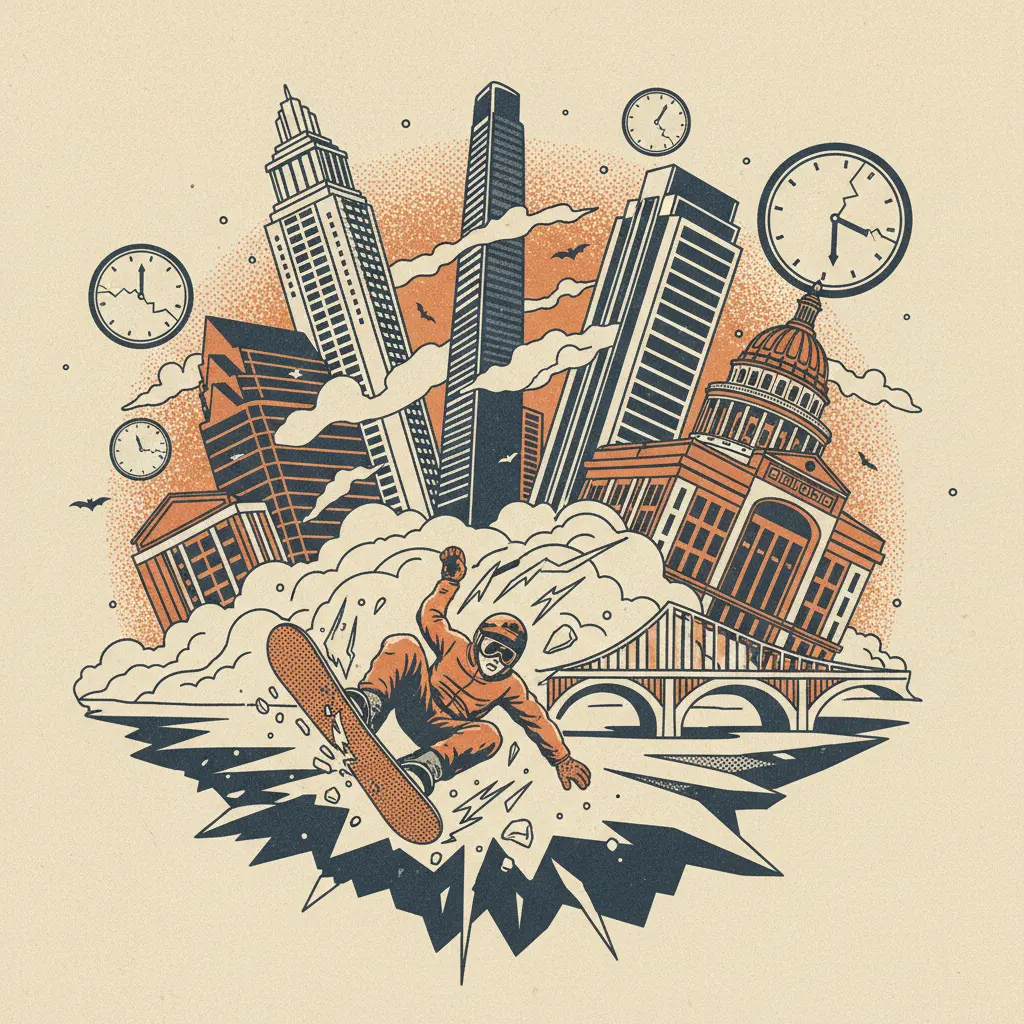 Editorial illustration: SNOWBOARDER'S NEAR-DEATH EXPERIENCE INTERRUPTS OLYMPIC SCHEDULE