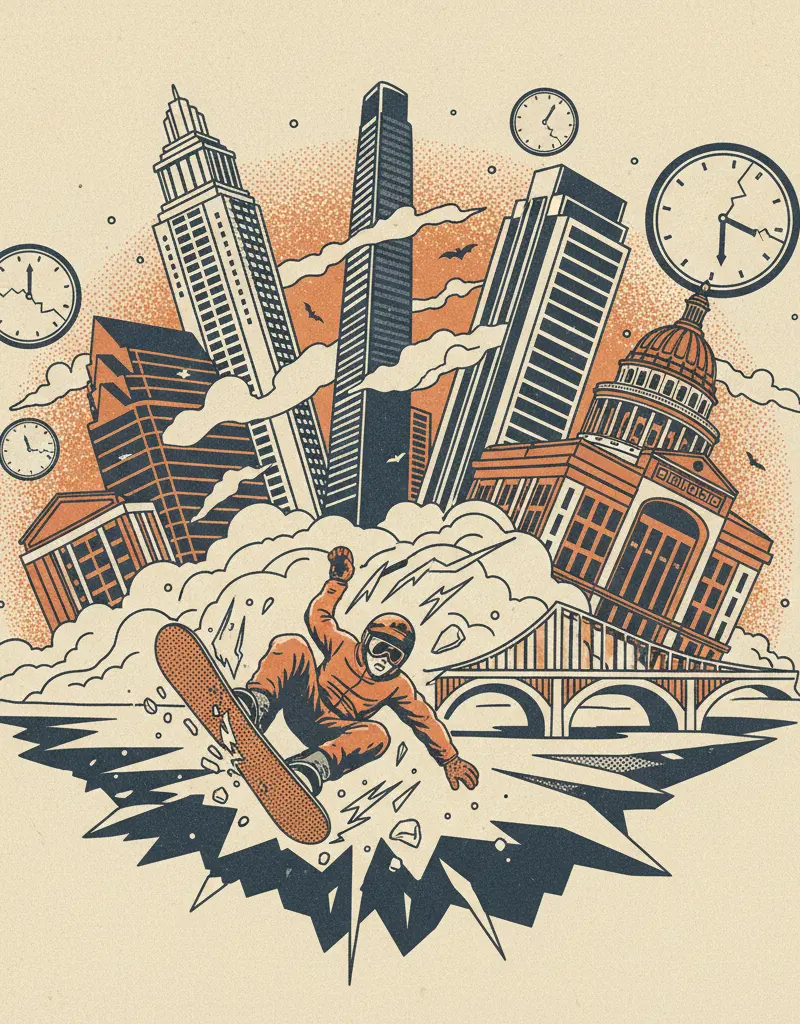 Editorial illustration: SNOWBOARDER'S NEAR-DEATH EXPERIENCE INTERRUPTS OLYMPIC SCHEDULE