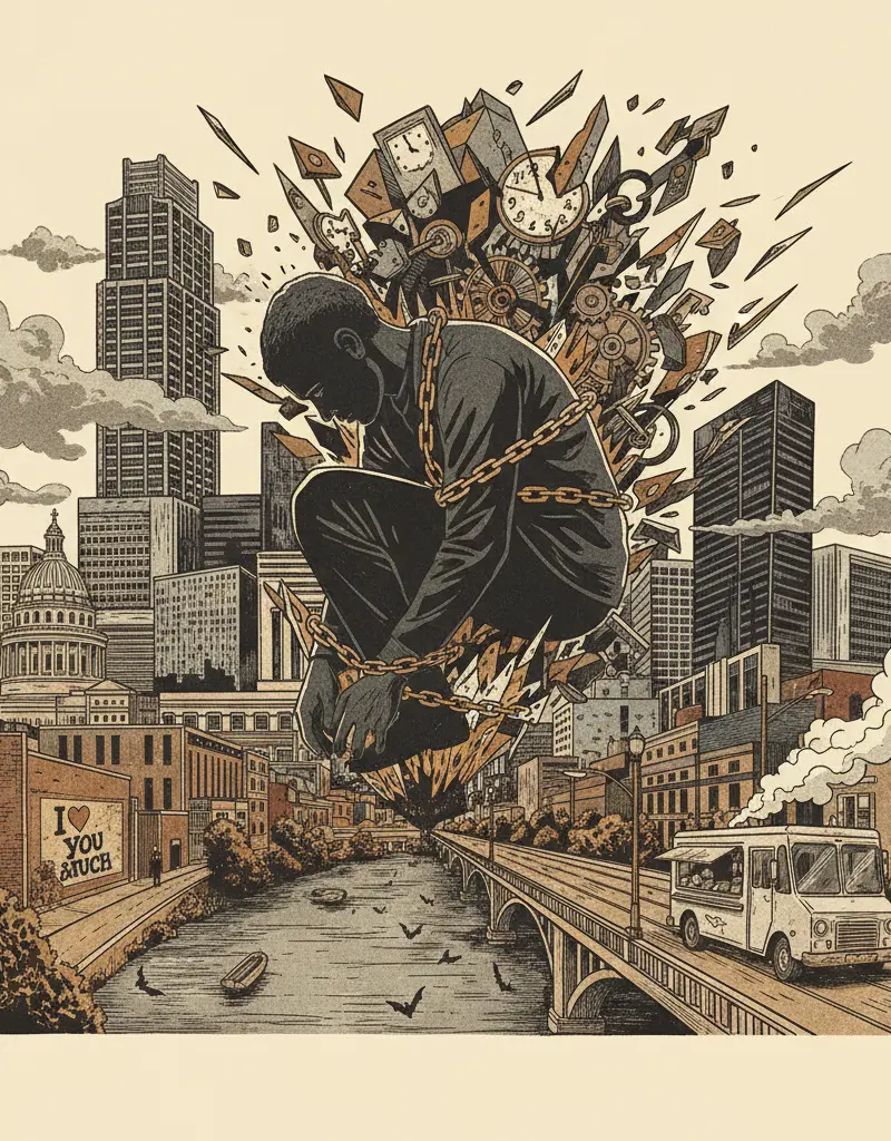 Editorial illustration: MAN GETS CONSEQUENCES FOR ACTIONS. FILM AT 11.