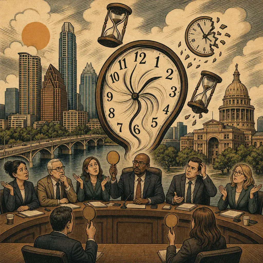 Editorial illustration: LIBERTY HILL ISD VOTES TO FURTHER CONFUSE THE CONCEPT OF TIME