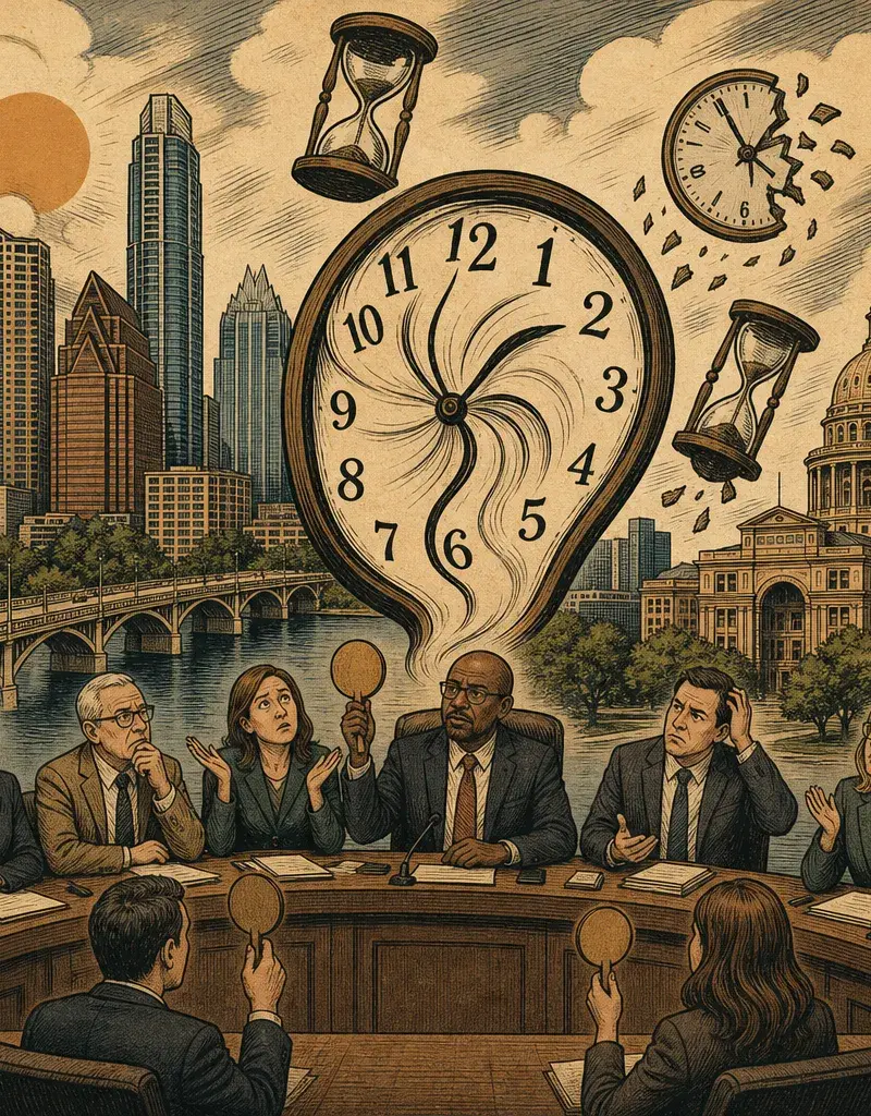 Editorial illustration: LIBERTY HILL ISD VOTES TO FURTHER CONFUSE THE CONCEPT OF TIME