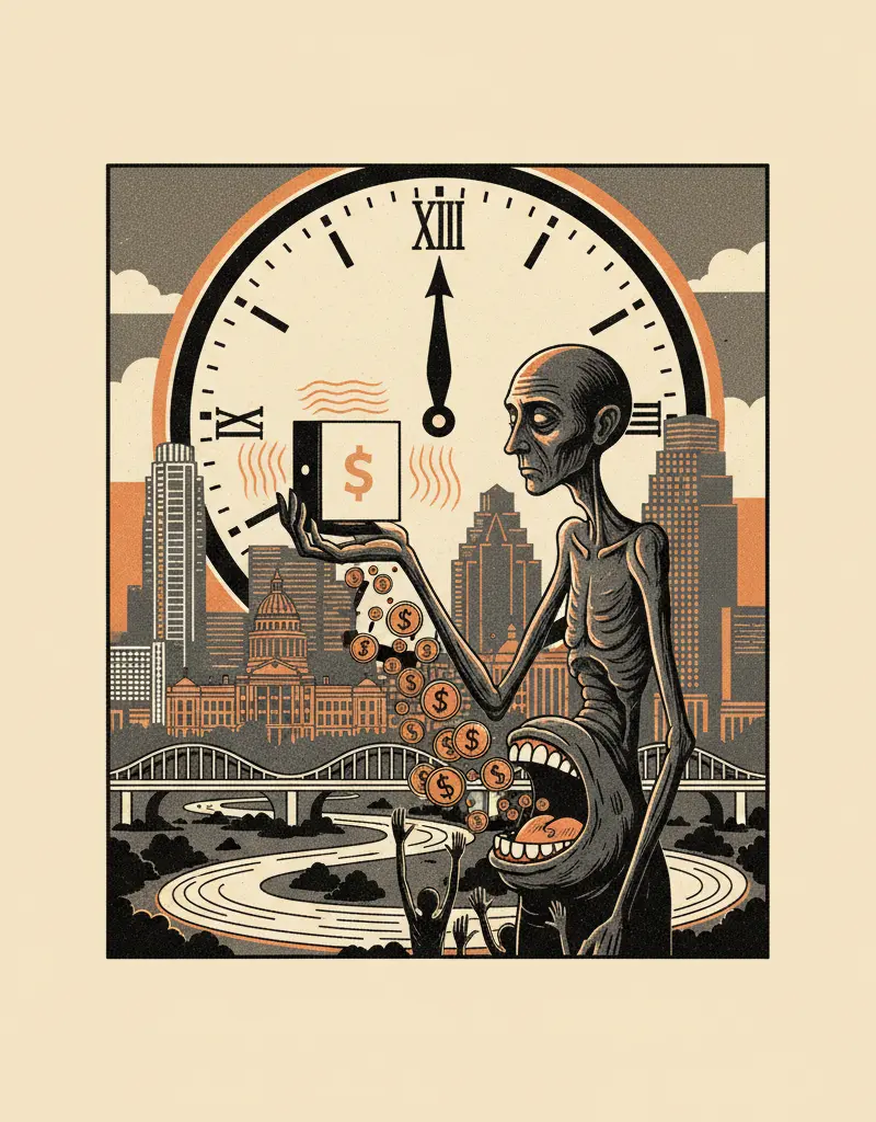 Editorial illustration: SELLING YOUR SOUL, 30 SECONDS AT A TIME