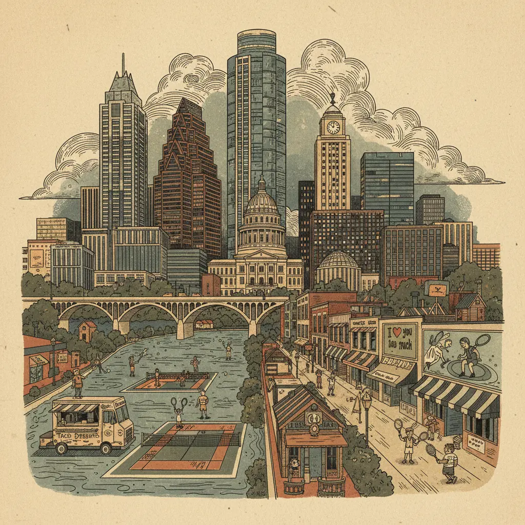 Editorial illustration: THE ATX OPEN: WATCH AUSTIN PRETEND IT HAS ENOUGH TENNIS COURTS