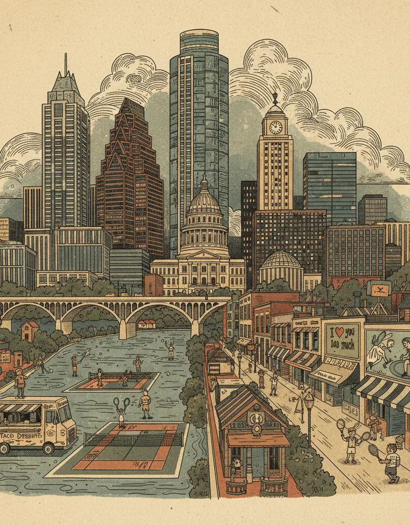 Editorial illustration: THE ATX OPEN: WATCH AUSTIN PRETEND IT HAS ENOUGH TENNIS COURTS