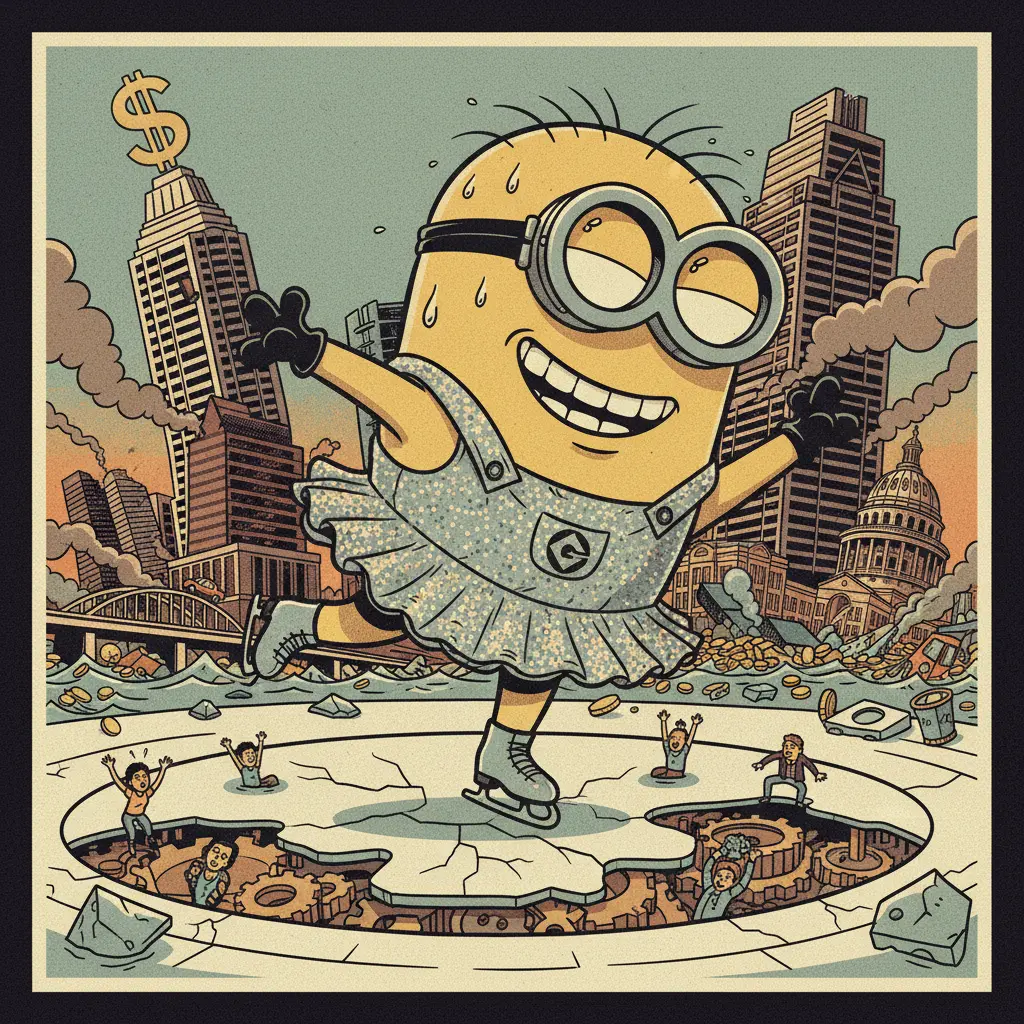 Editorial illustration: THE MINION ICE SKATER IS A METAPHOR FOR LATE-STAGE CAPITALISM