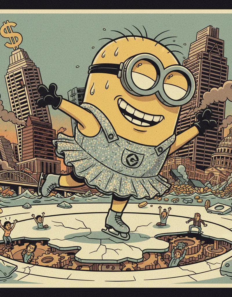 Editorial illustration: THE MINION ICE SKATER IS A METAPHOR FOR LATE-STAGE CAPITALISM