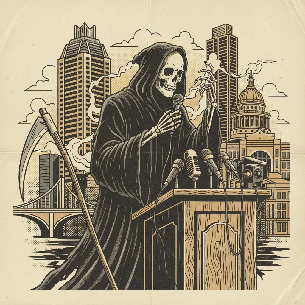 Editorial illustration: THE GRIM REAPER RELEASES A PRESS STATEMENT