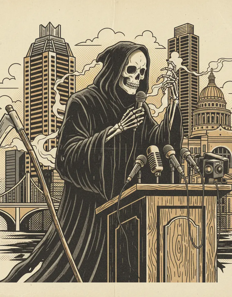 Editorial illustration: THE GRIM REAPER RELEASES A PRESS STATEMENT