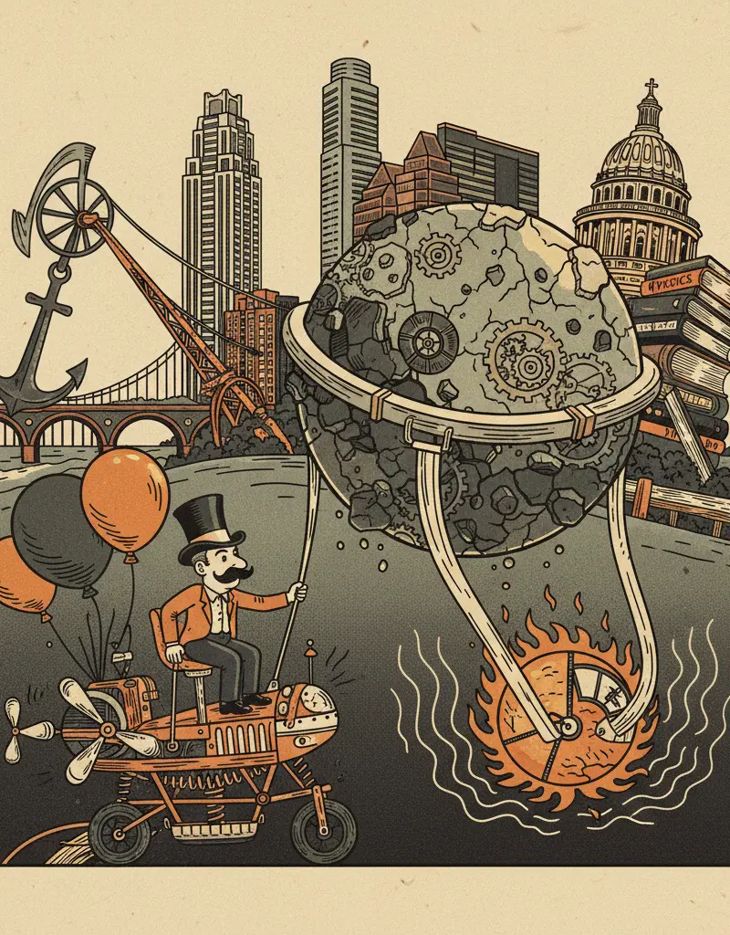 Editorial illustration: FUTILE ATTEMPTS TO DEFY GRAVITY AND THE INEVITABLE HEAT DEATH OF THE UNIVERSE