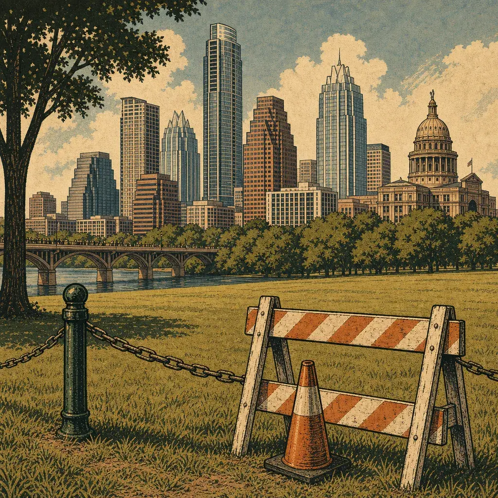 Editorial illustration: THE GREAT LAWN IS GETTING A TIME-OUT — ZILKER PARK SECTIONS CLOSED BEGINNING MONDAY, AUSTIN PARKS & REC SAYS