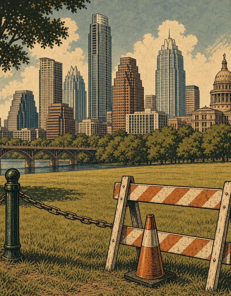 Editorial illustration: THE GREAT LAWN IS GETTING A TIME-OUT — ZILKER PARK SECTIONS CLOSED BEGINNING MONDAY, AUSTIN PARKS & REC SAYS