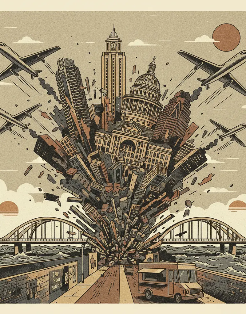 Editorial illustration: SOUTHWEST ADDS FOUR NEW ESCAPE ROUTES FROM THE AUSTIN APOCALYPSE