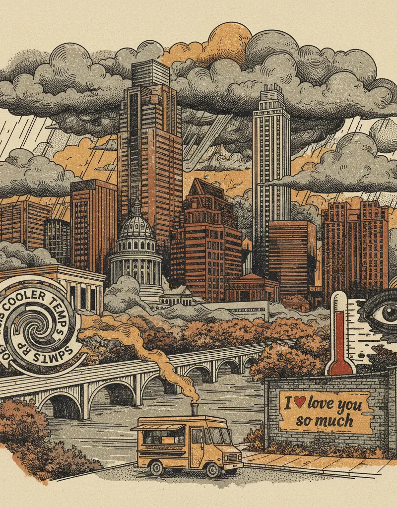 Editorial illustration: AUSTIN METEOROLOGISTS PROMISE 'COOLER TEMPS' (AS IF WE BELIEVE ANYTHING ANYMORE)