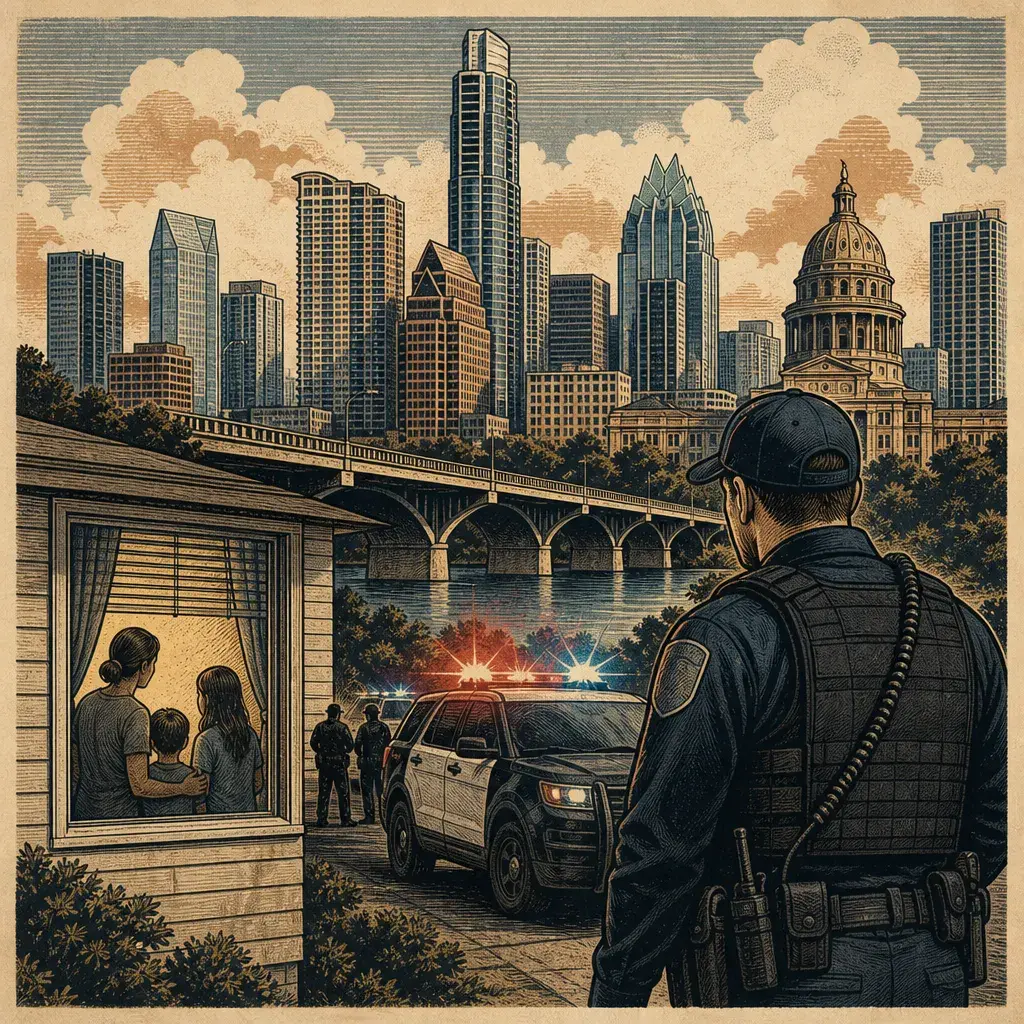 Editorial illustration: SHELTER-IN-PLACE ORDER AFTER OFFICER-INVOLVED SHOOTING: NEAR U.S. 290 AND I-35 IN NORTH AUSTIN
