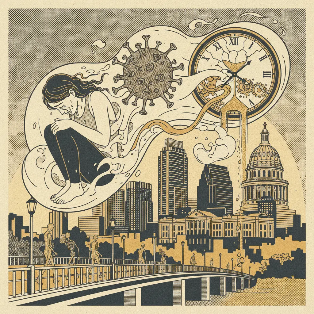 Editorial illustration: GRIEF IS A VIRUS: THE ONLY CURE IS TIME, AND TIME IS A RESOURCE WE'RE ALL RUNNING OUT OF