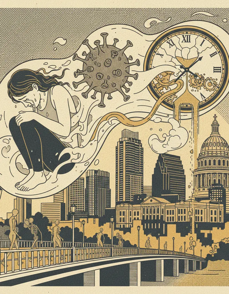 Editorial illustration: GRIEF IS A VIRUS: THE ONLY CURE IS TIME, AND TIME IS A RESOURCE WE'RE ALL RUNNING OUT OF