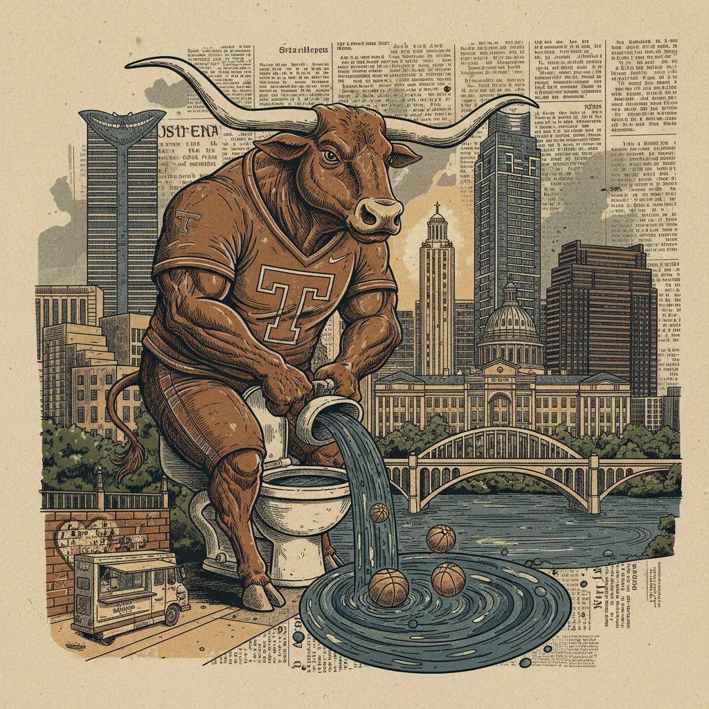 Editorial illustration: WATCH TEXAS LONGHORNS FLUSH NCAA HOPES DOWN THE DRAIN IN NASHVILLE
