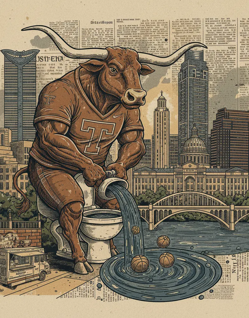 Editorial illustration: WATCH TEXAS LONGHORNS FLUSH NCAA HOPES DOWN THE DRAIN IN NASHVILLE