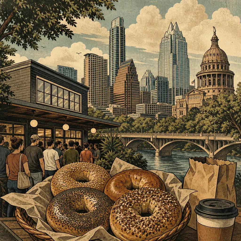 Editorial illustration: HOPE DIES BUT THE BAGELS ARE PERFECT: SHUG’S BAGELS OPENS FIRST AUSTIN SHOP AT 1206 PARKWAY IN CLARKSVILLE